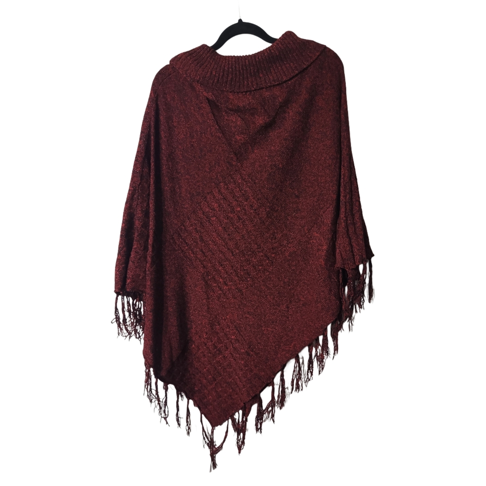 Red Burgundy Knitted Fringe Poncho Sweater One Size Plus - Picture 4 of 6